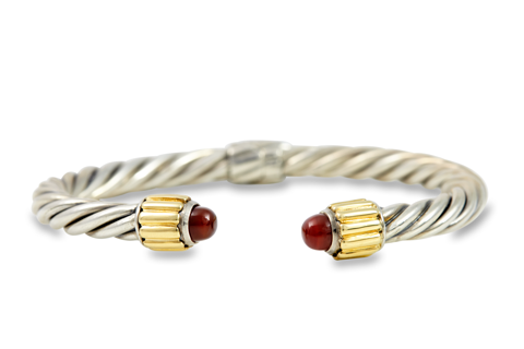 Carnelian Sterling Silver Twisted Cable Bangle with 18K Gold Accents
