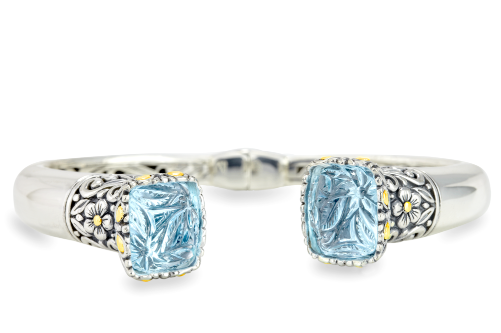 Carved Blue Topaz Sterling Silver Bangle with 18K Gold Accents