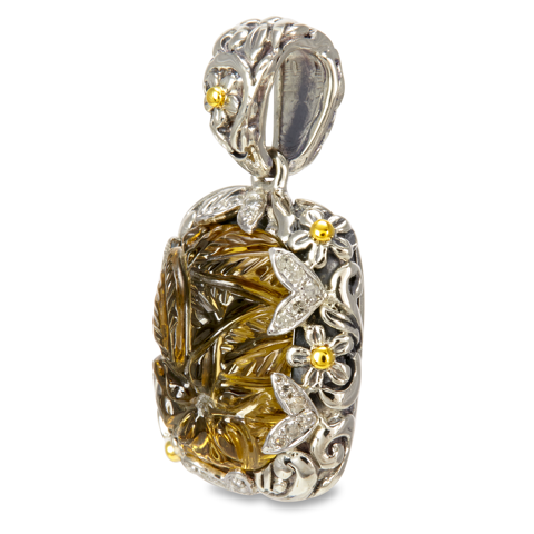 Diamond and Carved Cognac Quartz Sterling Silver Pendant with 18K Gold Accents "Claudia"