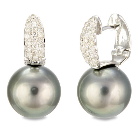 14K White Gold Diamond and Black Pearl Earrings "Siena"