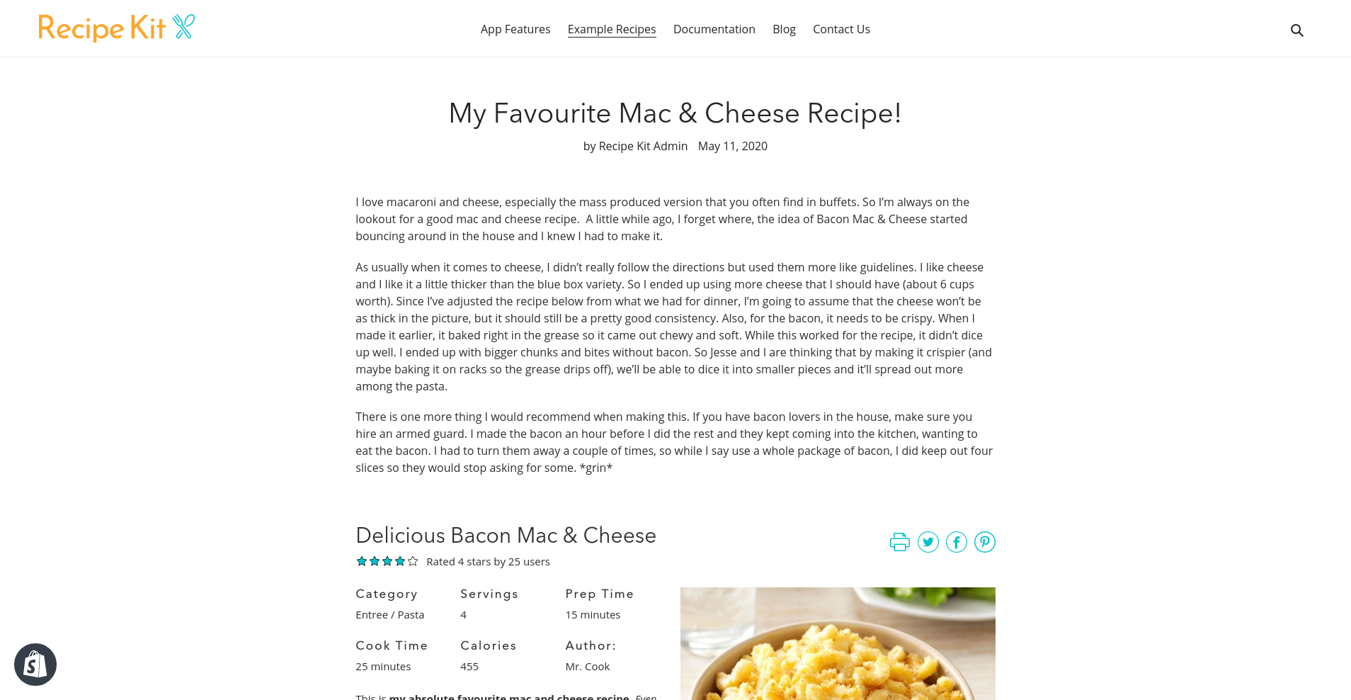 Gorgeous recipe card design showed on a Shopfiy blog post thanks to Recipe Kit!