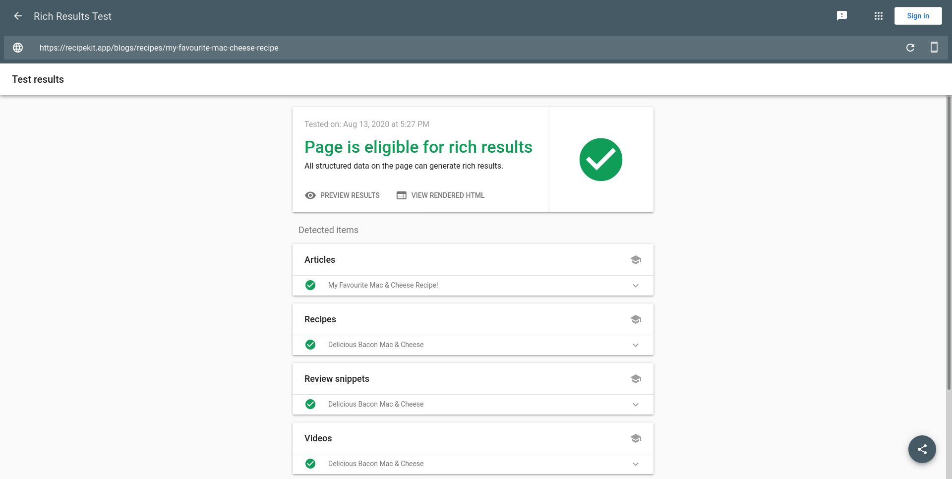 Google's rich testing tool results for a typical Recipe Kit Shopify recipe card