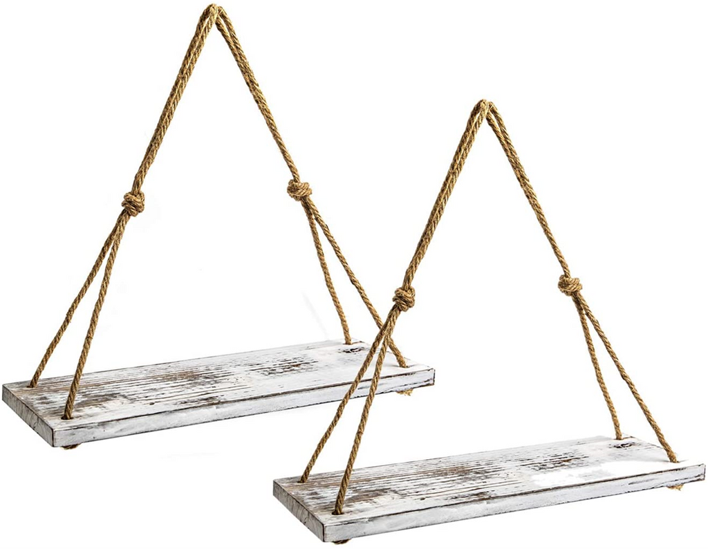 Y&ME Wood Hanging Floating Shelves Rustic Home Wall Decor Rope Floating Shelve A 