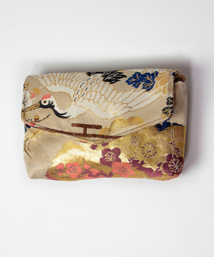 Beige Base Vintage Kimono Obi Detachable Crossbody Bag / White Bird Japanese Shoulder Bag