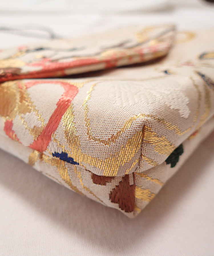 Beige Base Vintage Kimono Obi Detachable Crossbody Bag / White Bird Japanese Shoulder Bag