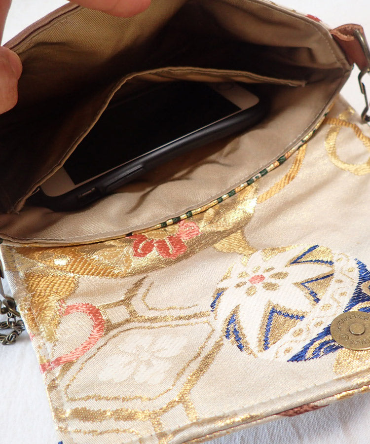 Beige Gold Vintage Kimono Obi Detachable Crossbody Bag  / White Bird Japanese Shoulder Bag