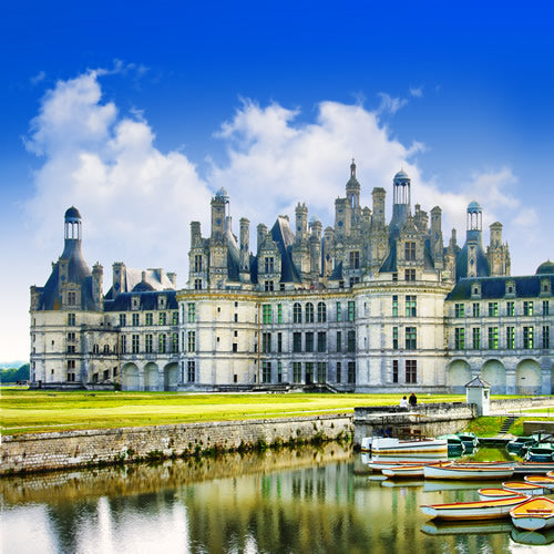 The pond and rowboats at Chambord castle in the Loire Valley.