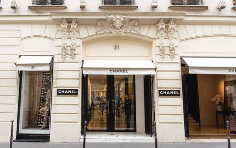 The exterior view of the Chanel headquarters from across the street in Paris, France.