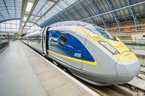 The first car and engine of a Eurostar train.