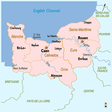 A simple map with the main cities highlighted of the Normandy region of France.