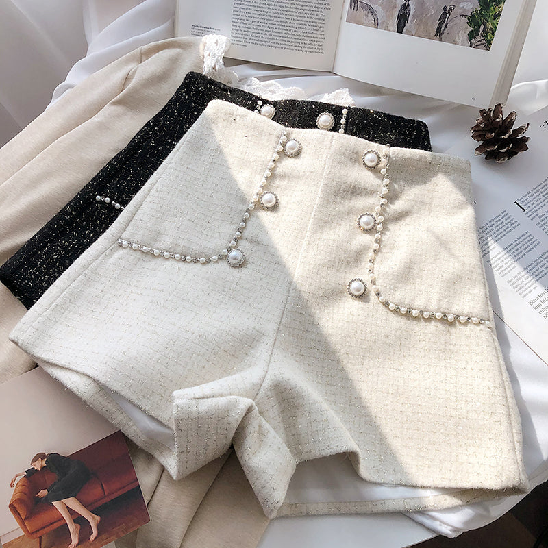 Pearl Trim Tweed Shorts (2 Colors)