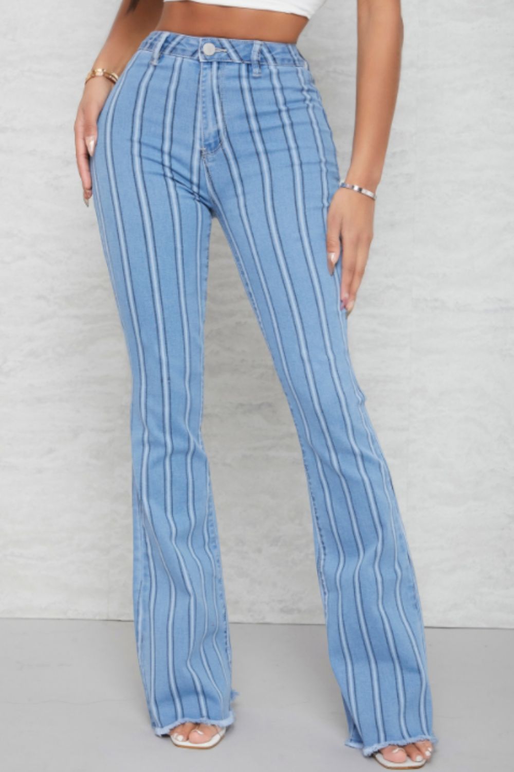 Striped Raw Hem Bootcut Jeans