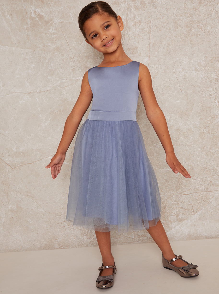 Chi Chi Younger Satin Bodice Tulle Midi Dress In Blue, Size 6 Years