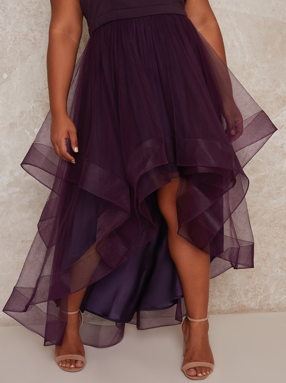 Plus Size Tulle Dip Hem V Neck Dress In Purple Chi Chi London 9788