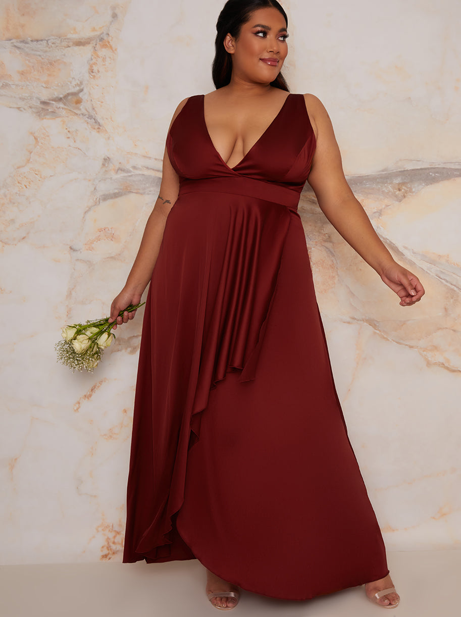 Chi Chi Plus Size Satin Wrap Maxi Dress in Red, Size 26