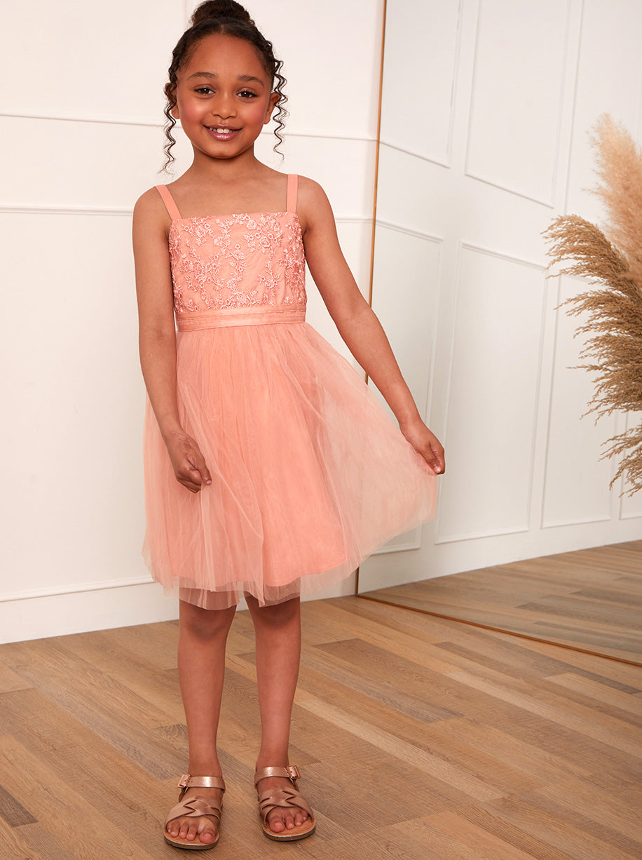 Chi Chi Younger Embroidered Lace Tulle Midi Dress in Coral in Orange, Size 6 Years
