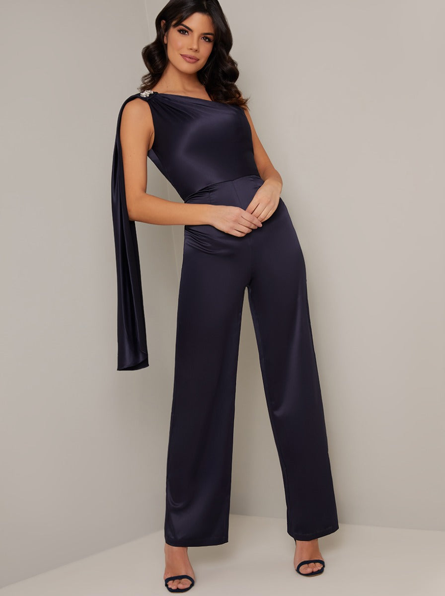 Chi Chi Draped Shoulder Straight Leg Silky Jumpsuit in Blue in Navy, Size 8