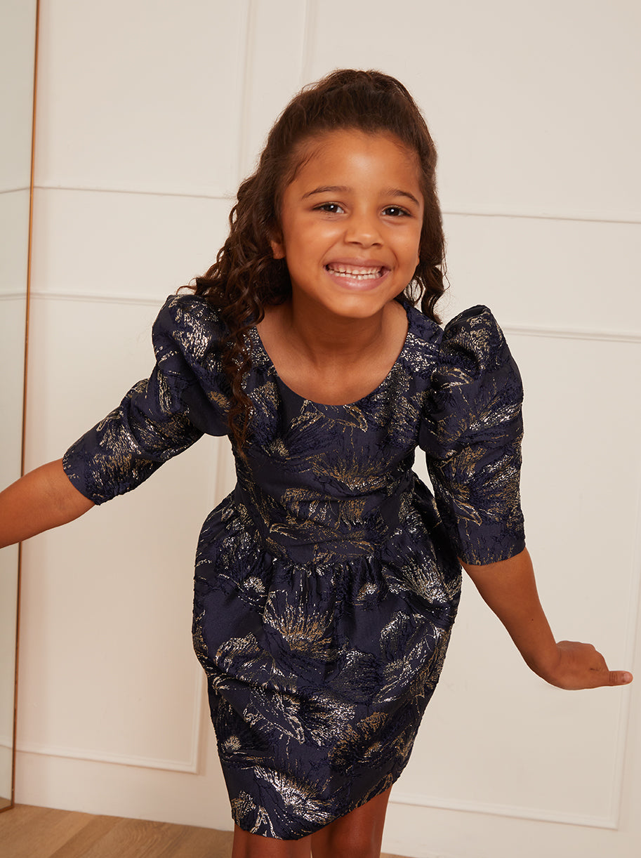 Chi Chi Younger Long Sleeve Jacquard Mini Dress in Navy in Blue, Size 5 Years