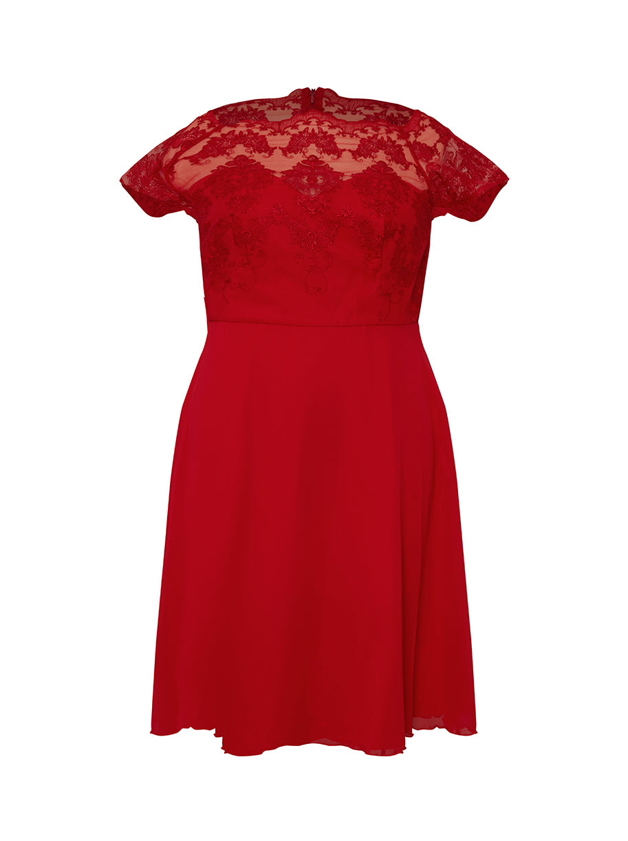 Chi Chi Plus Size Cap Sleeve Lace Bodice Midi Dress in Red, Size 22