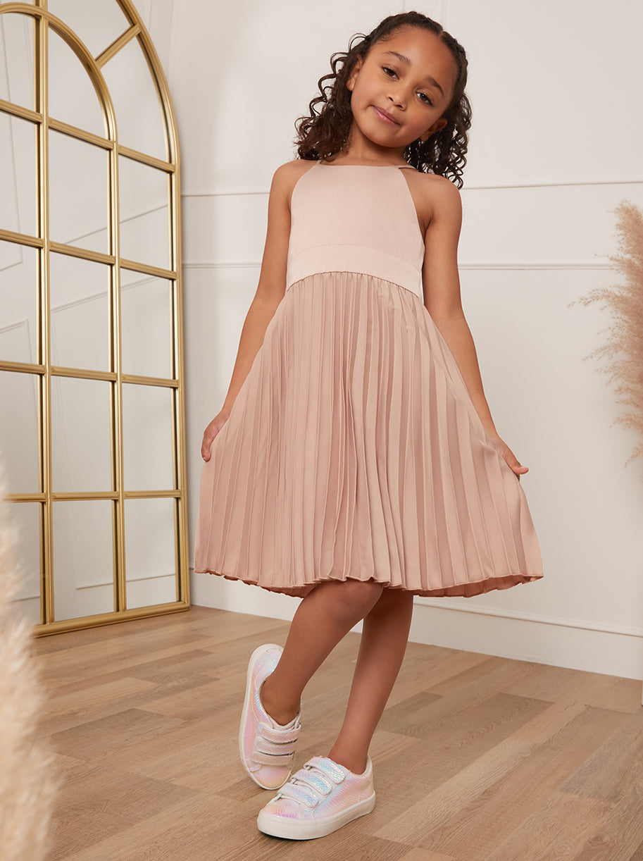 Chi Chi Younger Pleated Satin Flower Girl Dress in Champagne, Size 4 Years