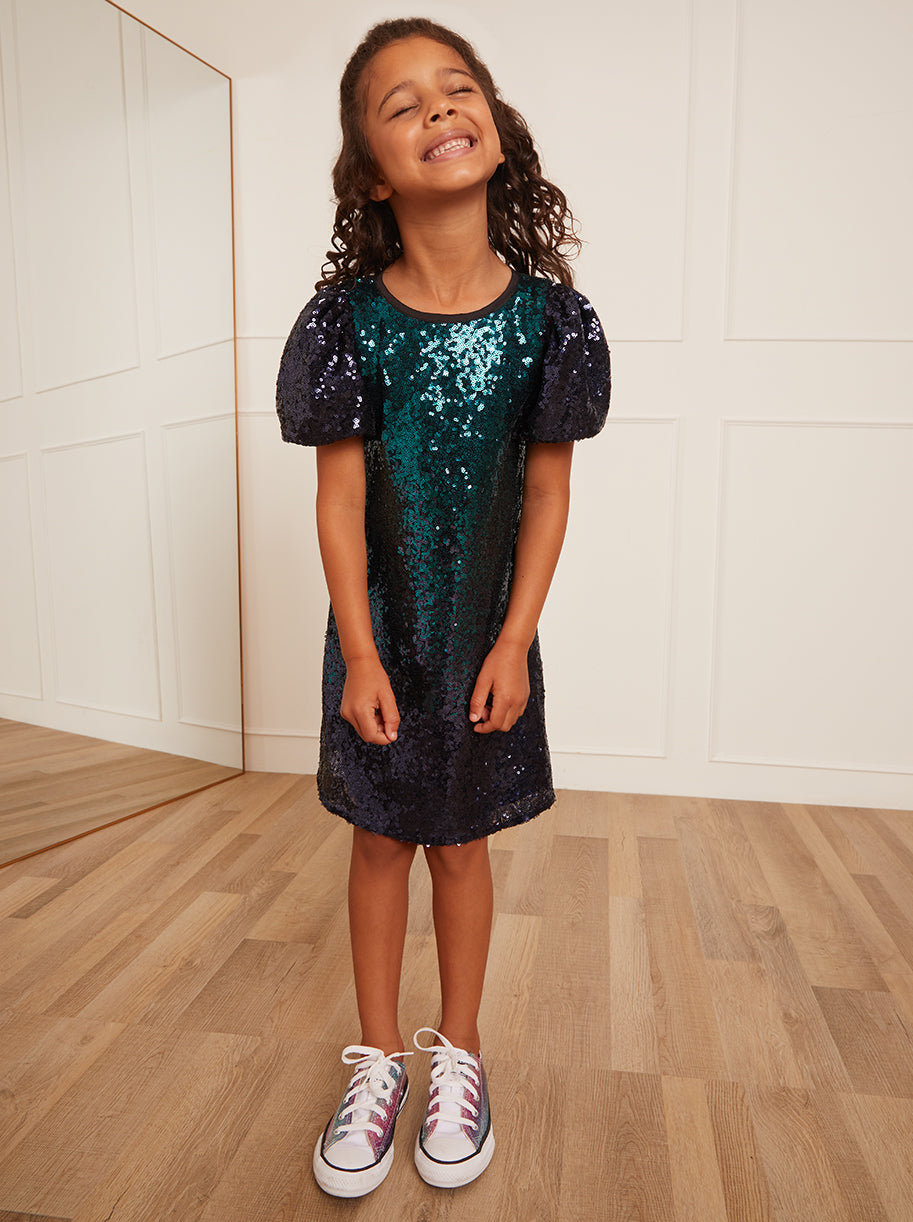 Chi Chi Younger Puff Sleeve Sequin Midi Dress in Green, Size 4 Years