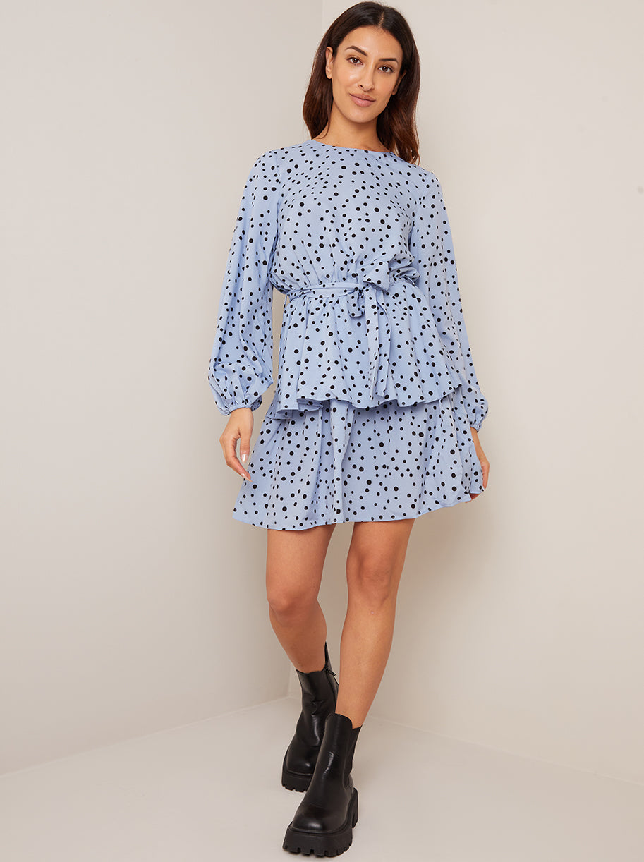 Chi Chi Long Sleeve Spot Print Mini Dress in Blue, Size 10