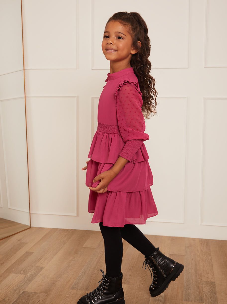 Chi Chi Younger Long Sleeve Tiered Midi Dress in Pink, Size 6 Years