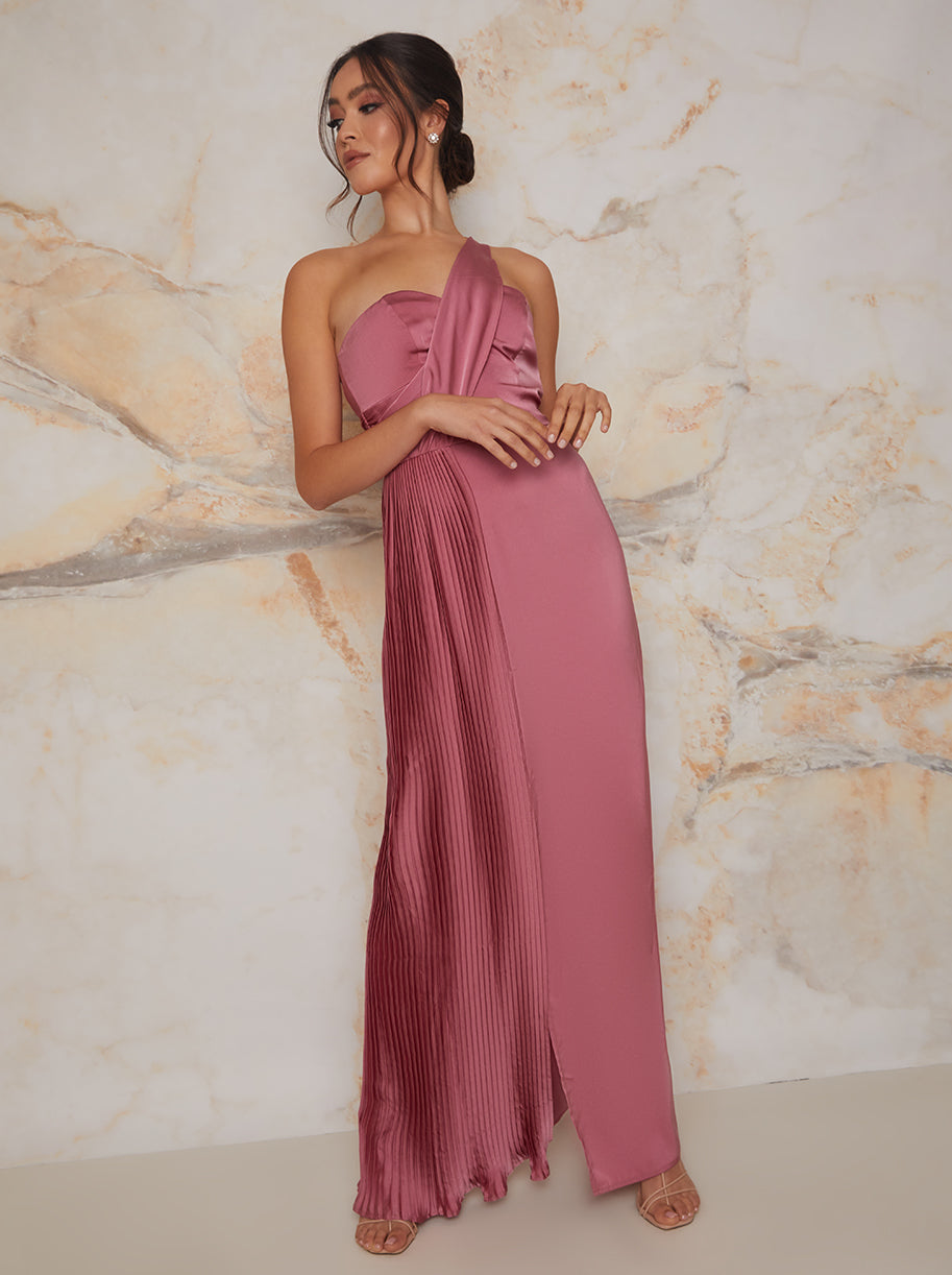 Chi Chi Pleated Satin One Shoulder Bridesmaid Maxi Dress in Pink, Size 10