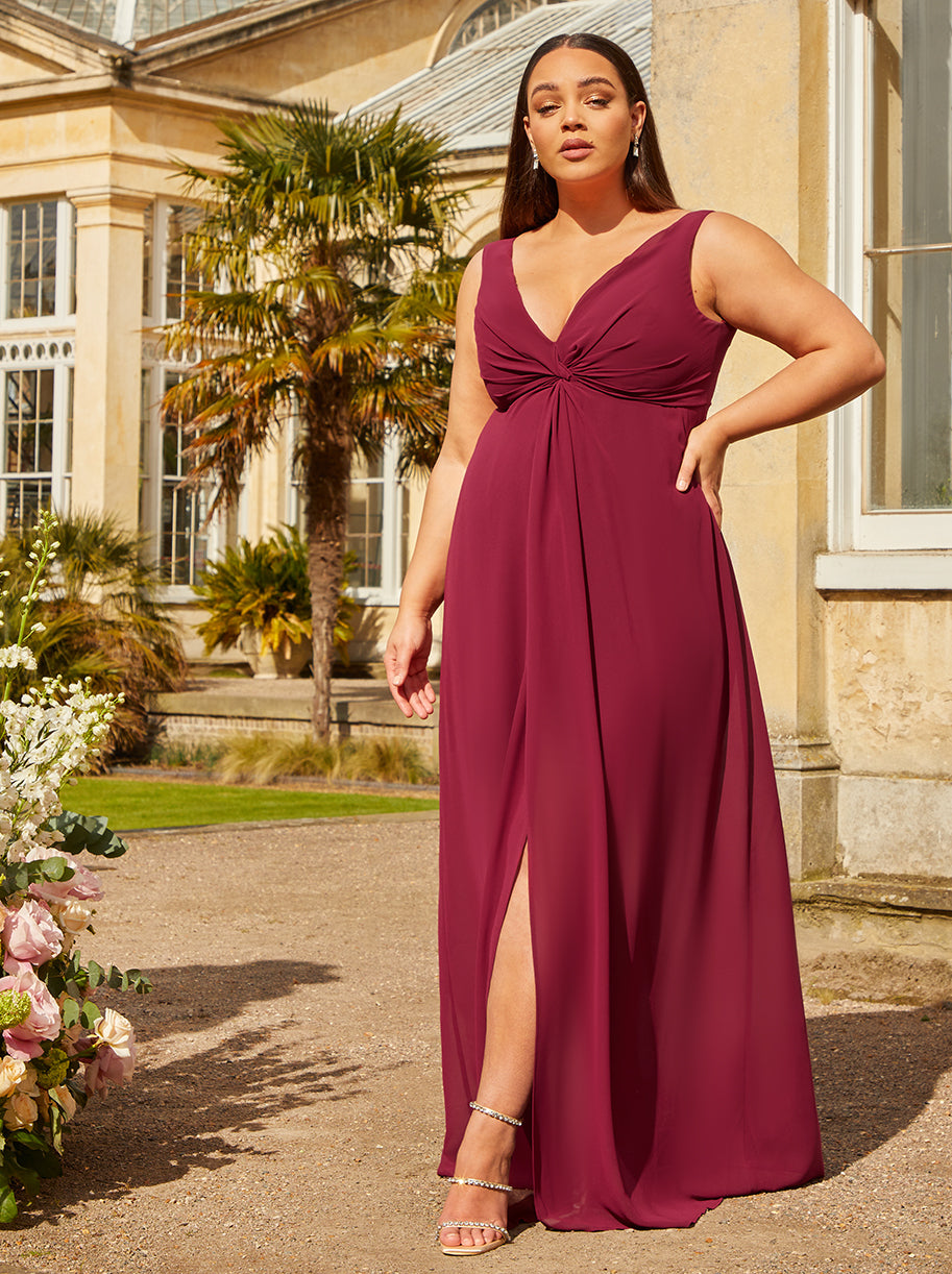 Chi Chi Plus Size Knot Detail Maxi Dress in Wine in Red, Size 26
