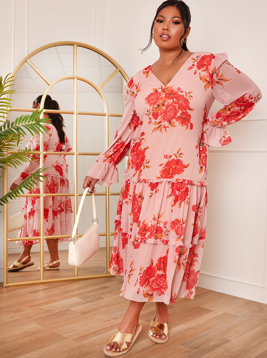 Chi Chi Plus Size Long Sleeve Floral Printed Midi Dress in Pink, Size 20