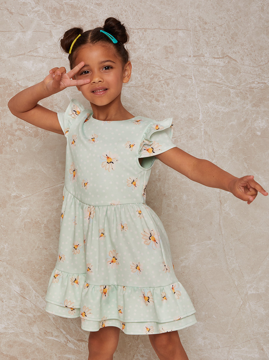 Chi Chi Daisy Print Polka Dot Dress in Green, Size 9 Years