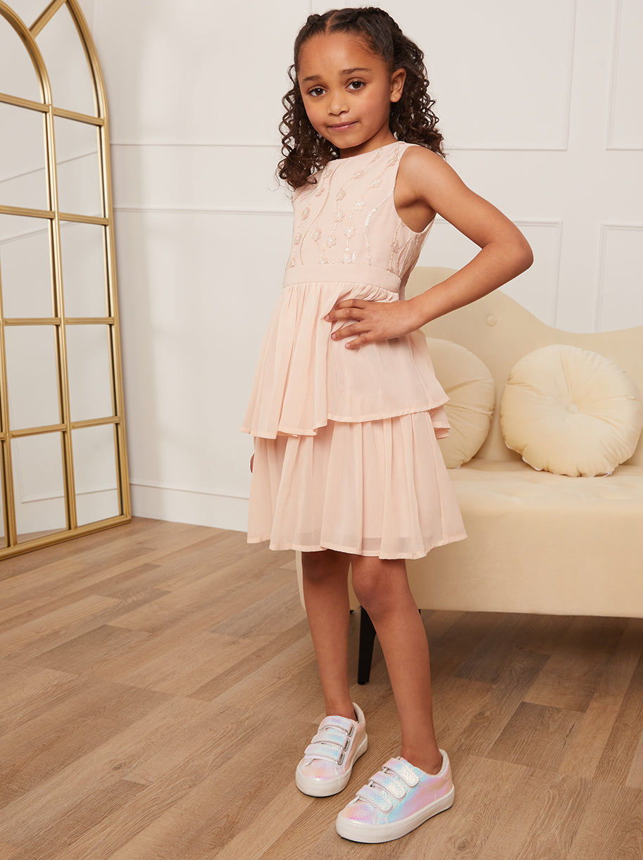 Chi Chi Embroidered Tiered Midi Dress in Champagne, Size 3 Years