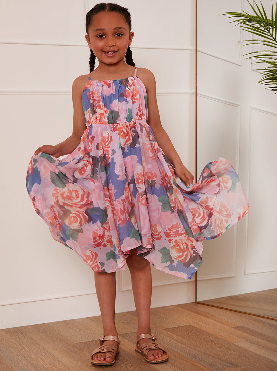 Chi Chi Younger Cami Floral Hanky Hem Midi Dress in Pink, Size 6 Years