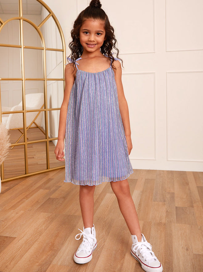 Chi Chi Younger Cami Pleated Metallic Midi Dress in Blue, Size 4 Years