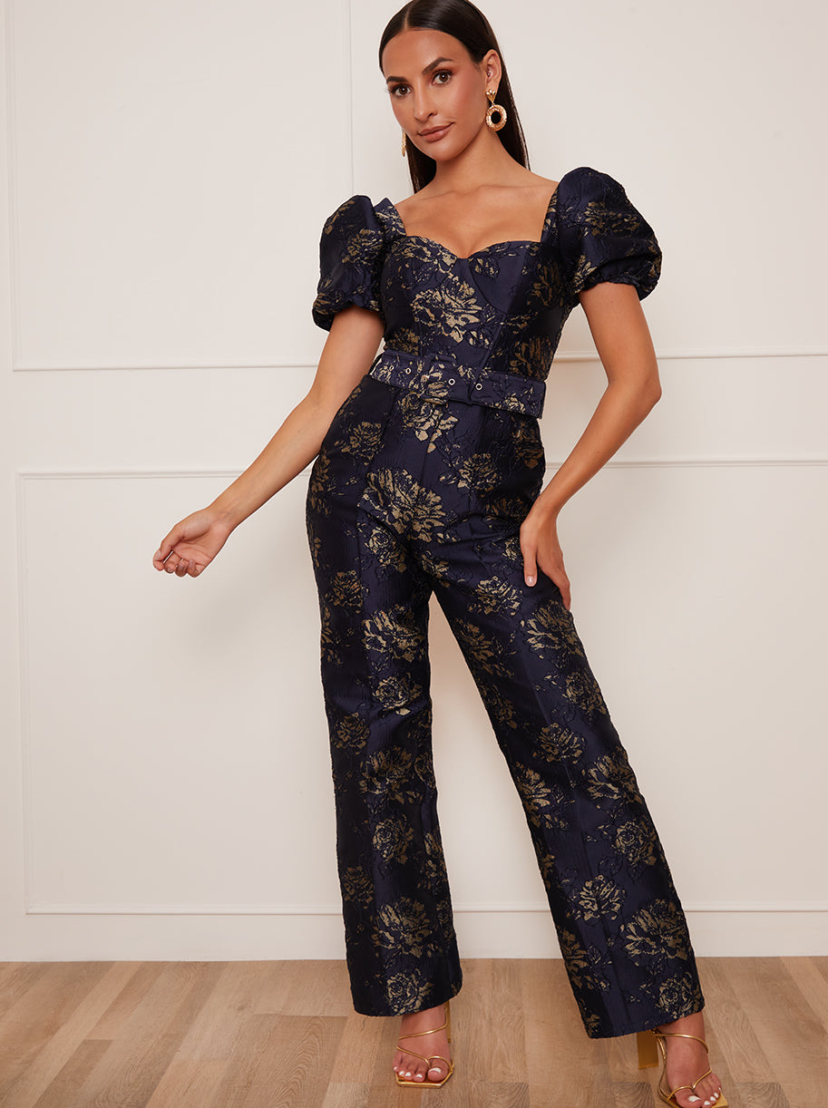 Chi Chi Petite Puff Sleeve Jacquard Jumpsuit in Navy in Blue, Size 4