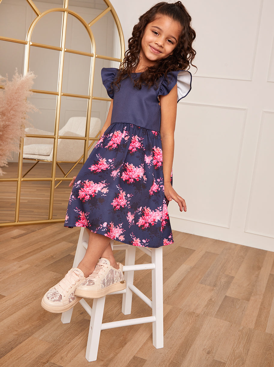 Chi Chi Younger Ruffle Floral Print Midi Dress in Navy in Blue, Size 3 Years