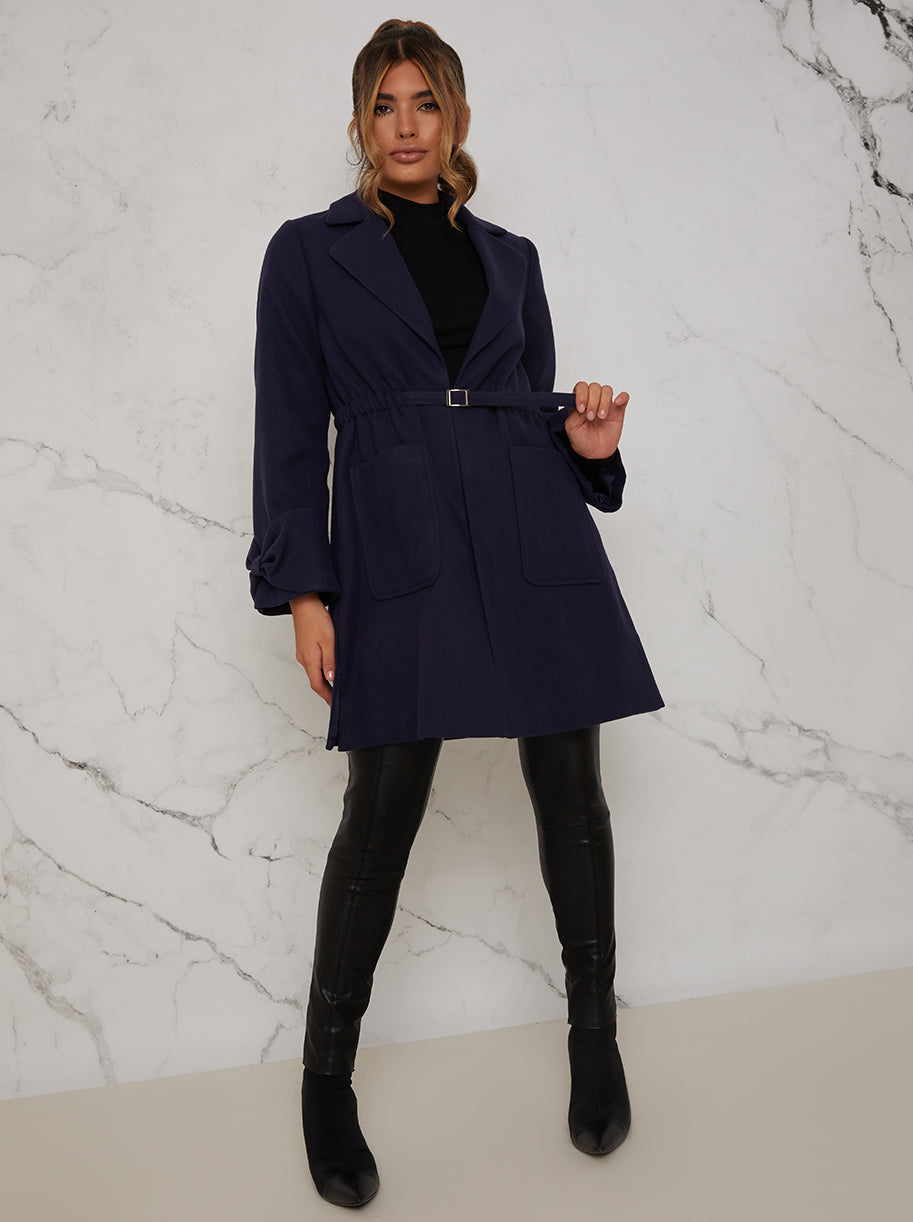 Chi Chi Structured Coat with Bow Sleeves and Belt in Navy, Size 6