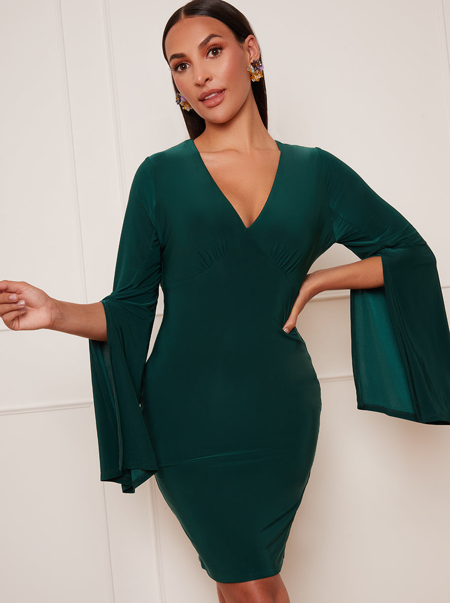 Chi Chi V Neck Split Sleeve Bodycon Mini Dress in Green, Size 6