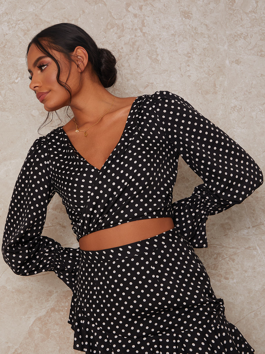 Chi Chi Long Sleeve Polka Dot Wrap Top in Black, Size 14