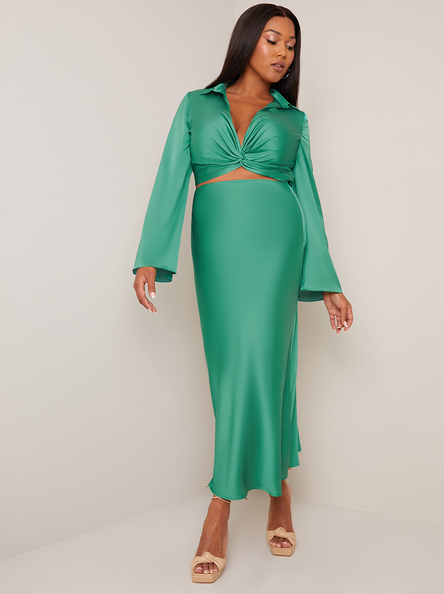 Chi Chi Satin Slip Maxi Skirt in Green, Size 6