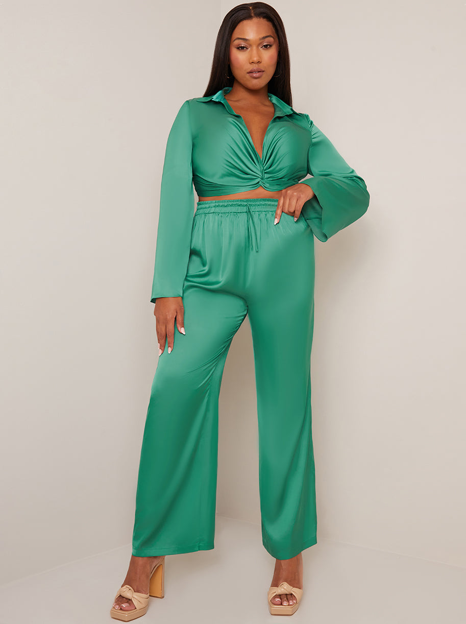 Chi Chi Satin Wide Leg Elasticated Waist Trousers in Green, Size 14