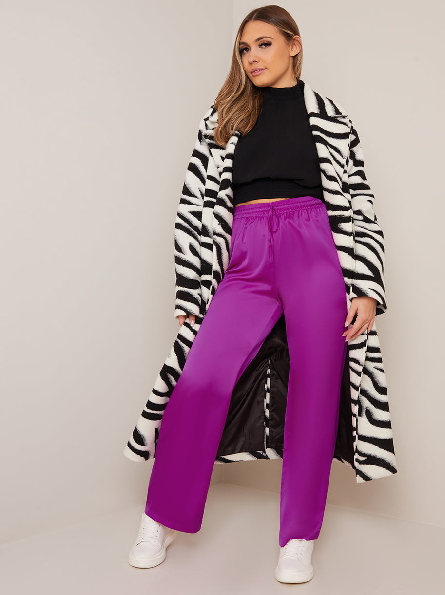 Chi Chi Satin Wide Leg Elasticated Waist Trousers in Fuchsia in Fuschia, Size 6