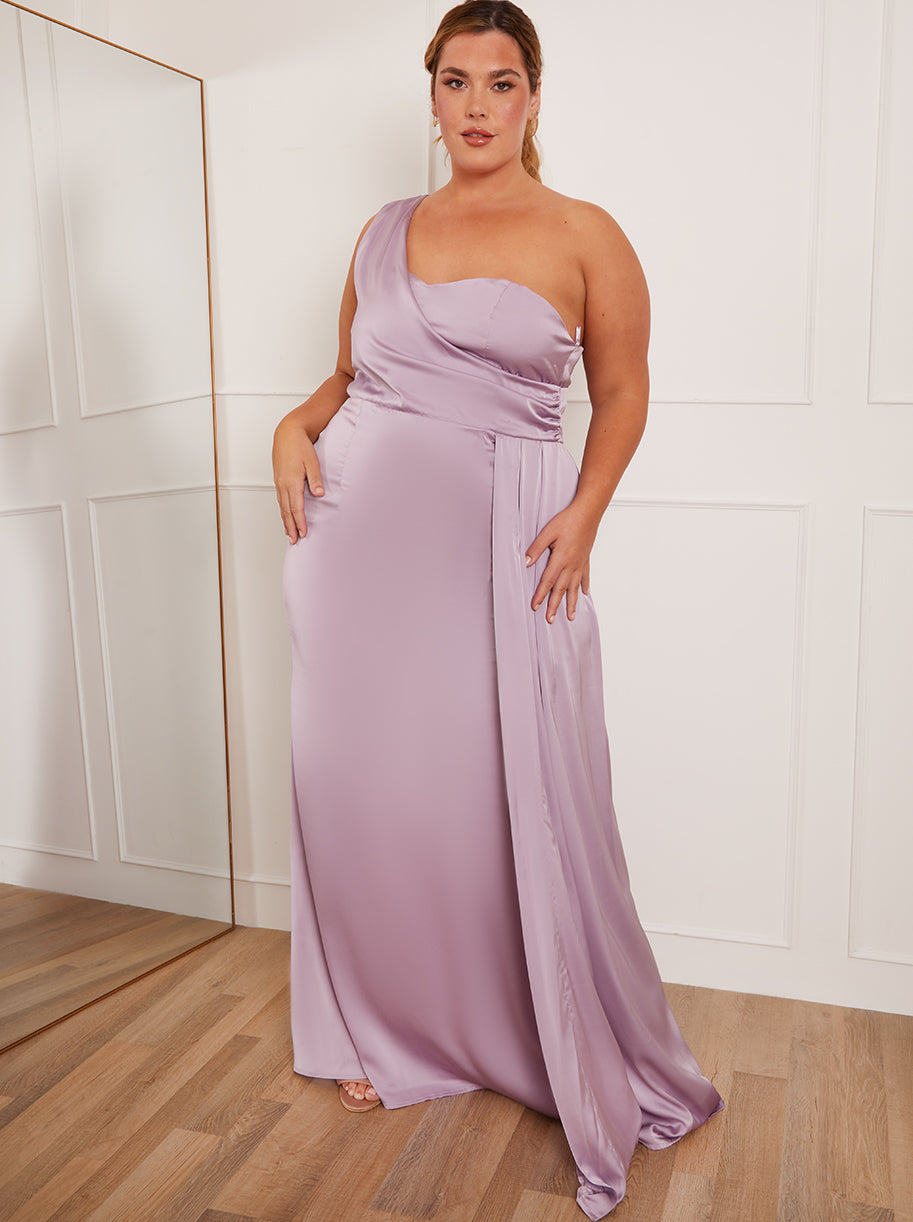 Chi Chi Plus Size One Shoulder Satin Maxi Dress in Lilac in Purple, Size 20
