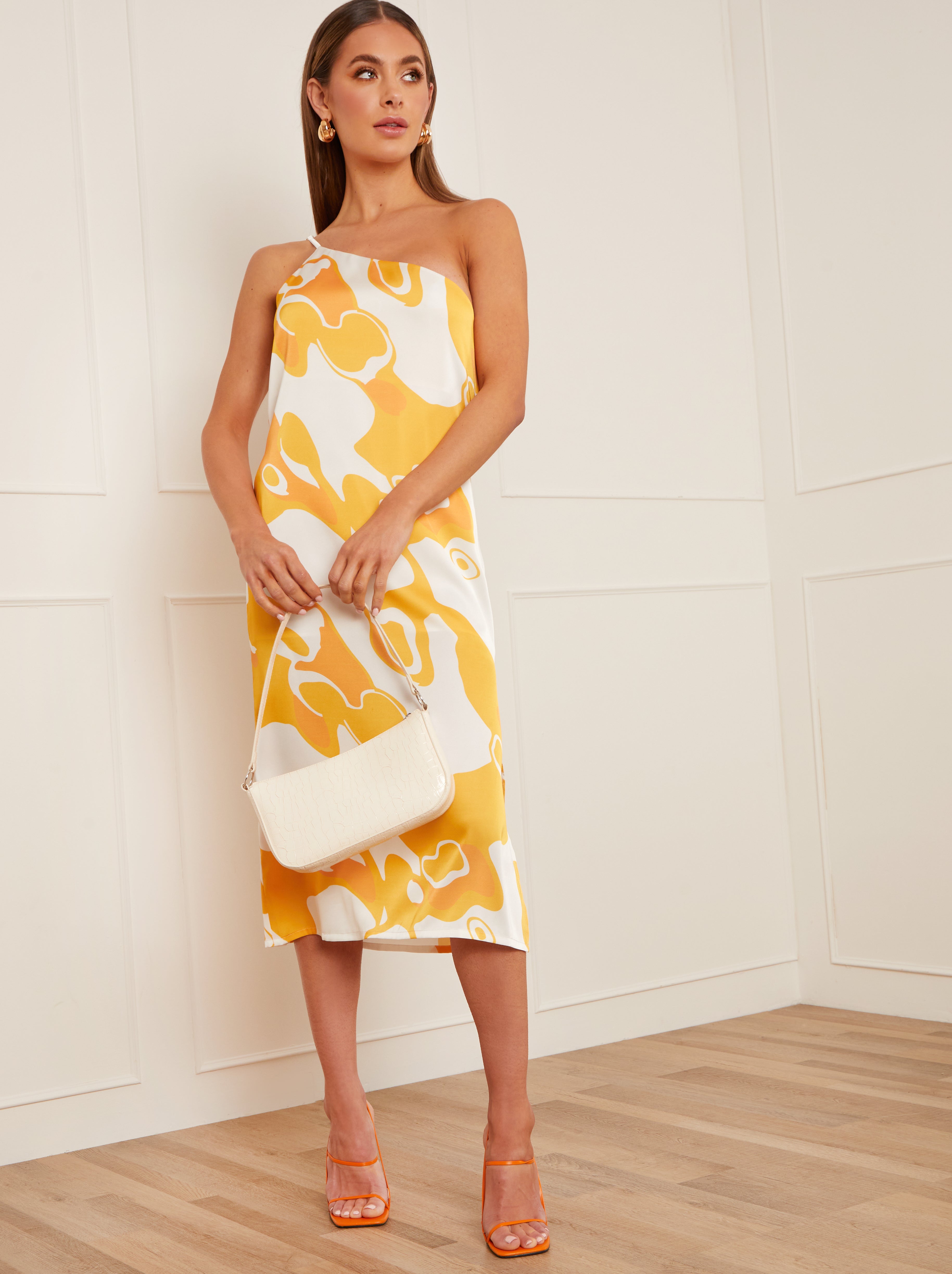 Chi Chi One-Shoulder Abstract Print Midi Dress in Yellow, Size 6