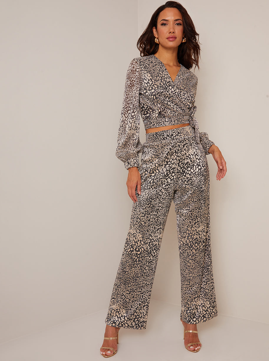 Chi Chi Animal Print Wide Leg Trousers in Gold, Size 8