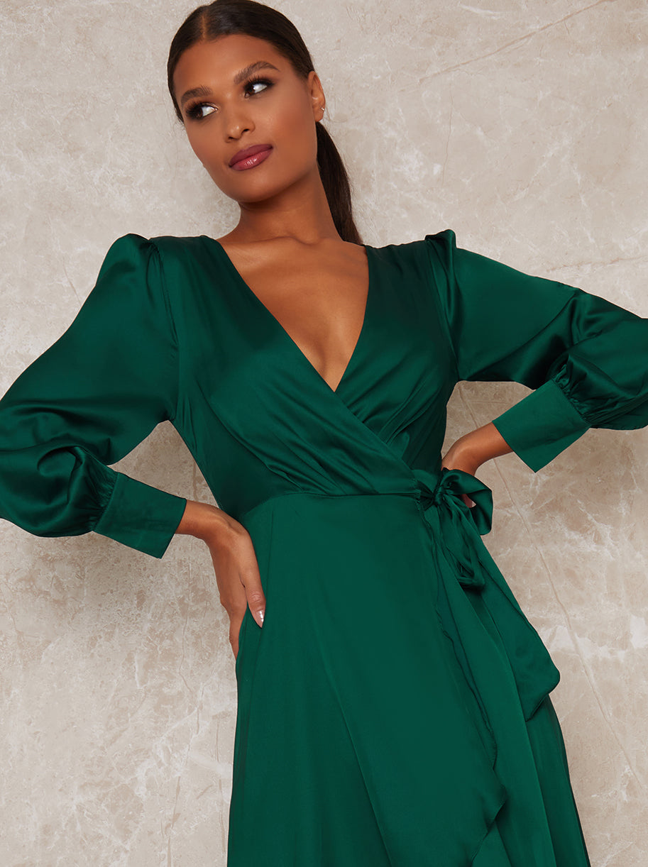 emerald green long sleeve wrap dress ...