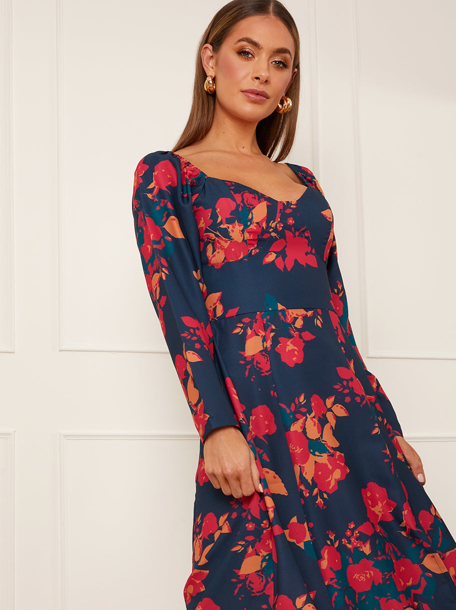 Chi Chi Long Sleeve Floral Midi Dress in Navy, Size 10