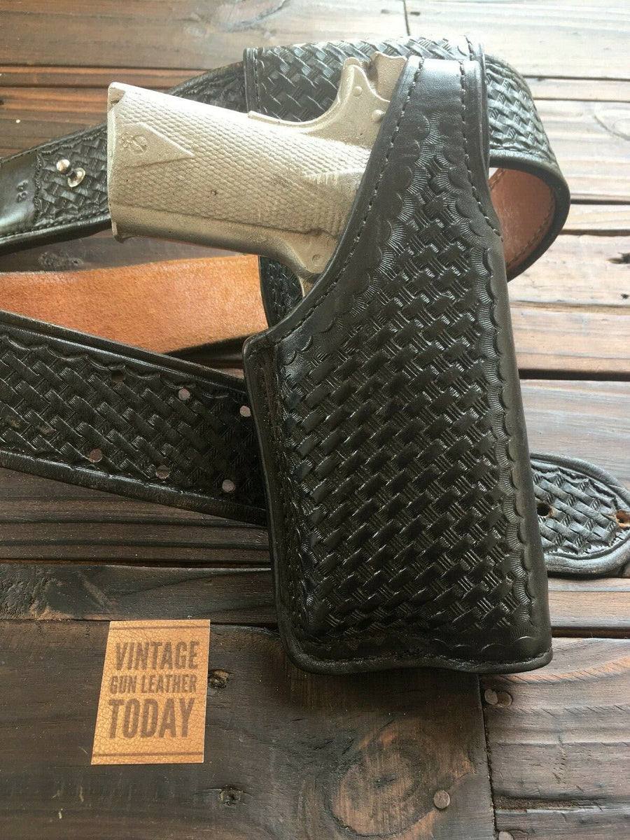 Vintage Tex Shoemaker Leather OWB Holster For Colt Commander Plain Basketweave