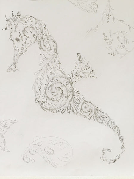 pencil sketch of seahorse by Lotty B Mustique Island