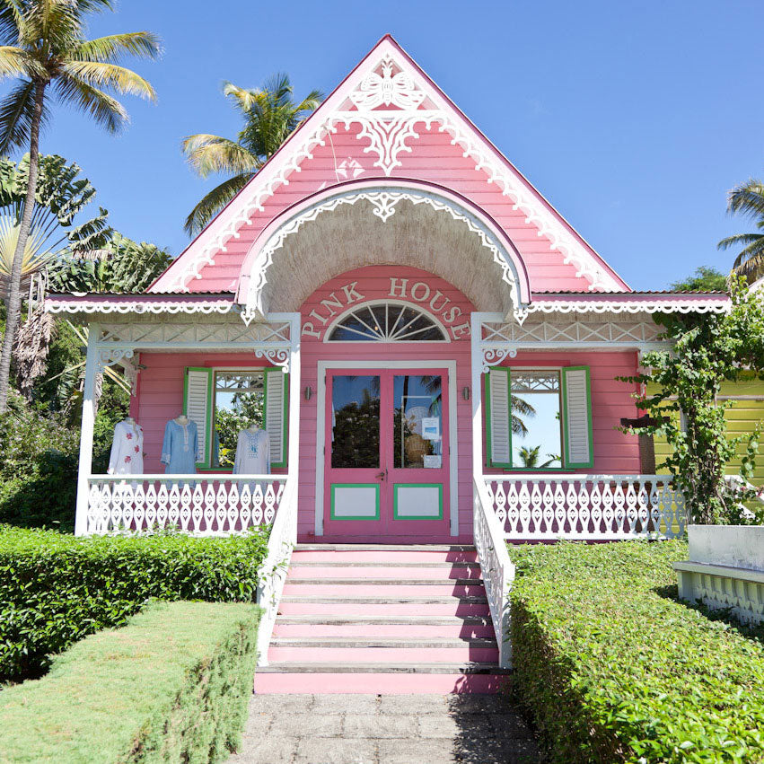 The iconic Pink House boutique shop on Mustique island in the Caribbean